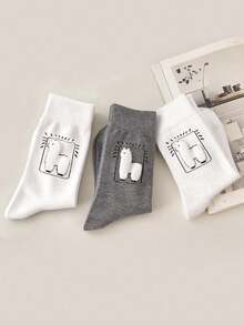 3/6 Pairs Women's 3D Flocked Alpaca Mid-Calf Socks, Black White Gray Minimalist Cute Animal Socks, Suitable For Daily Sports Shoes Matching - Multicolor - View 12