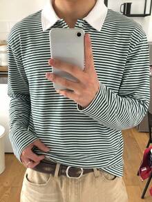 1pc Boys Casual Minimalist Versatile Retro Pinstripe Patchwork Small Collar Long Sleeve POLO Shirt Top, Spring/Autumn/Winter - Green - View 1