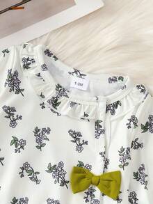 BrownBark 2pcs Baby Girls Autumn Floral Pattern Long Sleeve Romper Set With Sun Hat, Soft Comfortable Ruffle Collar Bowknot Crawler Outfit For Newborn Girls 0-18 Months - White - View 4