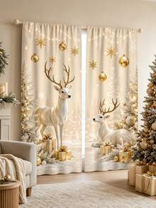 2Pcs Christmas Holiday Curtains, Champagne Gold Deer & Snow Landscape Print Pattern Curtains, Warm Atmosphere Semi-Sheer Rod Pocket Window Decor, Suitable For Living Room And Bedroom, Rod Not Included, Machine Washable - Multicolor - View 8