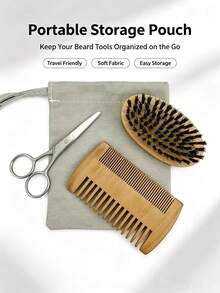 Men's Beard Grooming Kit With Beard Comb, Boar Bristle Care Brush, Beauty Scissors And Travel Storage Bag - Beard Comb + brush - View 6