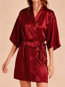 1件客製化文字姓名女款黑色愛心印花睡袍，個性化睡衣和服浴袍，送女友禮物 - 酒紅色 - 查看 7