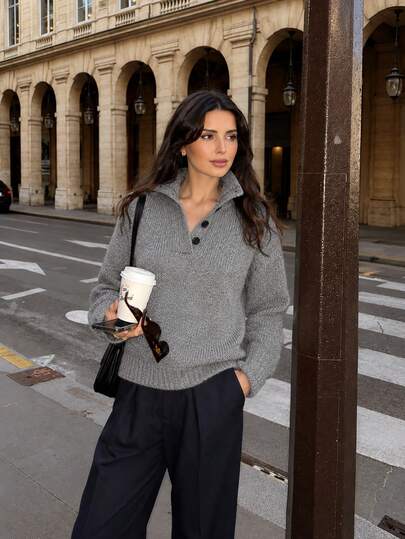 NOVELLE Women Fall Winter Elegant Grey Collared Knit Pullover Sweater, Loose Casual Top For Daily Commute, Date Party, Office,Gathering Street Wear