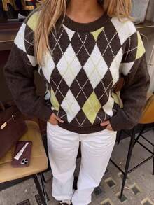 Women's Lace Knit Sweater Long Sleeve Round Neck Regular Fit Pullover Sweater Autumn And Winter Model - Brown - View 3