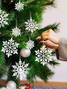 24pcs Random Glitter Snowflake Christmas Tree Decorations White | Plastic Material, Multiple Sizes, Shatterproof, Suitable For Indoor Winter Wonderland And Christmas Party Decor - Plain White, No Glitter - View 3