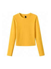 Kaos Dalaman Lengan Panjang Pas Badan Leher Bulat Warna Kuning untuk Wanita, Atasan Manis Gaya Amerika Musim Gugur Y2K - Kuning - View 6