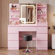 Devoko Vanity Table With LED Mirror & Power Outlet, Dressing Table With 7 Drawers, Hair Dryer Holder & Jewelry Hooks, White/Black/Pink - Pink - View 12