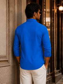 Men's Slim-Fit Casual Long-Sleeve Button-Up Shirt - Soft Textured Cotton-Linen Blend Breathable Shirt For Modern Smart-Casual & Everyday Wear - Blue - View 4