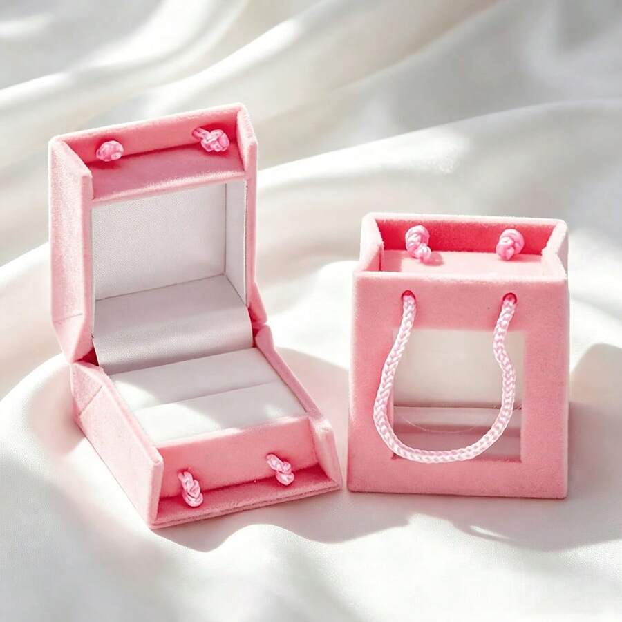 3pcs/1pc Elegant Pink Flocked Ring Box With Transparent Window, Portable Handheld Jewelry Box Suitable For Travel, Fashionable Packaging For Graduation Gifts And Special Occasions - Multicolor - View 1