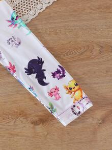 2pcs Colorful Cartoon Hexagon Dinosaur Print Lapel Long Pants Pajamas, Flame Retardant Fabric, All Season Wear, Girls, Toddlers, Big Tween Girl, Teens - Multicolor - View 6