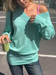 FOR BEAUTY Women's Mint Green Y2K Loose Cold Shoulder V-Neck Long Sleeve Knit Sweater, Suitable For Outings, Parties And Campus Fall - Light Blue - View 2