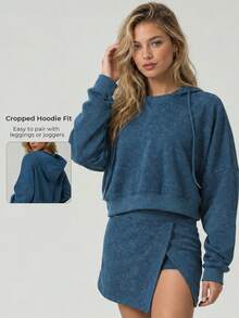 Women's Washed Blue Cropped Hooded Sweatshirt Drop Shoulder Loose Fit Drawstring Long Sleeve Daily Workout Casual Loungewear Athletic Top - Blue - View 1