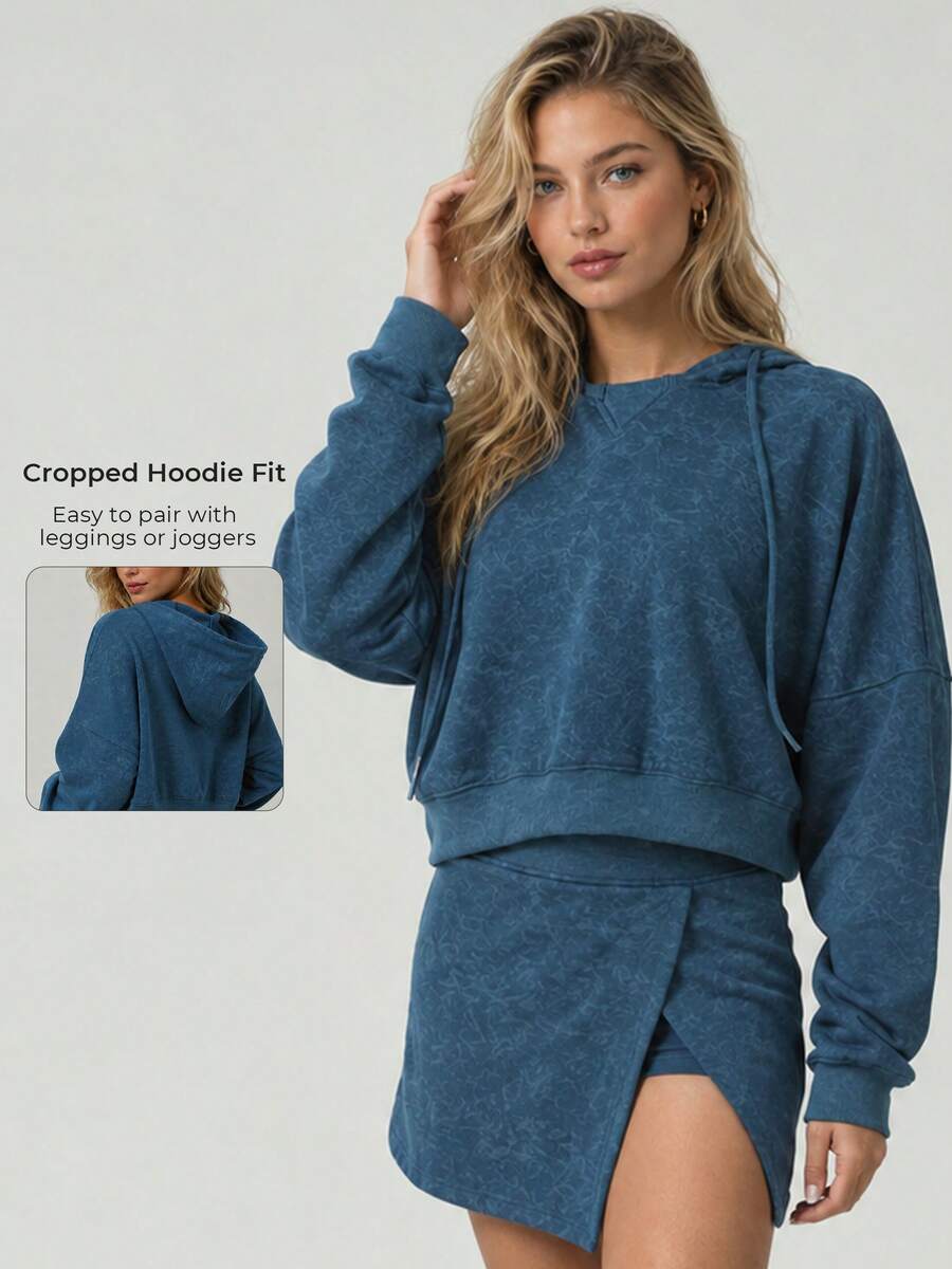 Women's Washed Blue Cropped Hooded Sweatshirt Drop Shoulder Loose Fit Drawstring Long Sleeve Daily Workout Casual Loungewear Athletic Top - Blue - View 1