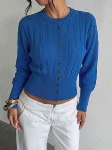 Women's Autumn/Winter Ribbed Knit Solid Color Batwing Sleeve Cardigan, Batwing Sleeve Knit Cardigan, Batwing Sleeve Top, Autumn Fall - Royal Blue - View 2