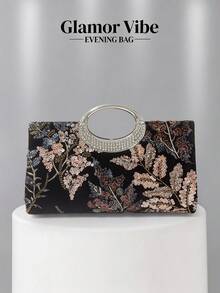 1件黑色天鵝絨亮片刺繡花卉晚宴手拿包，金屬環手柄派對手提包，亮片刺繡工藝，3D花卉設計（隨機圖案），婚禮必備配件，情人節禮物，適用於婚禮、晚宴派對及其他正式場合 - 黑色 - 查看 10