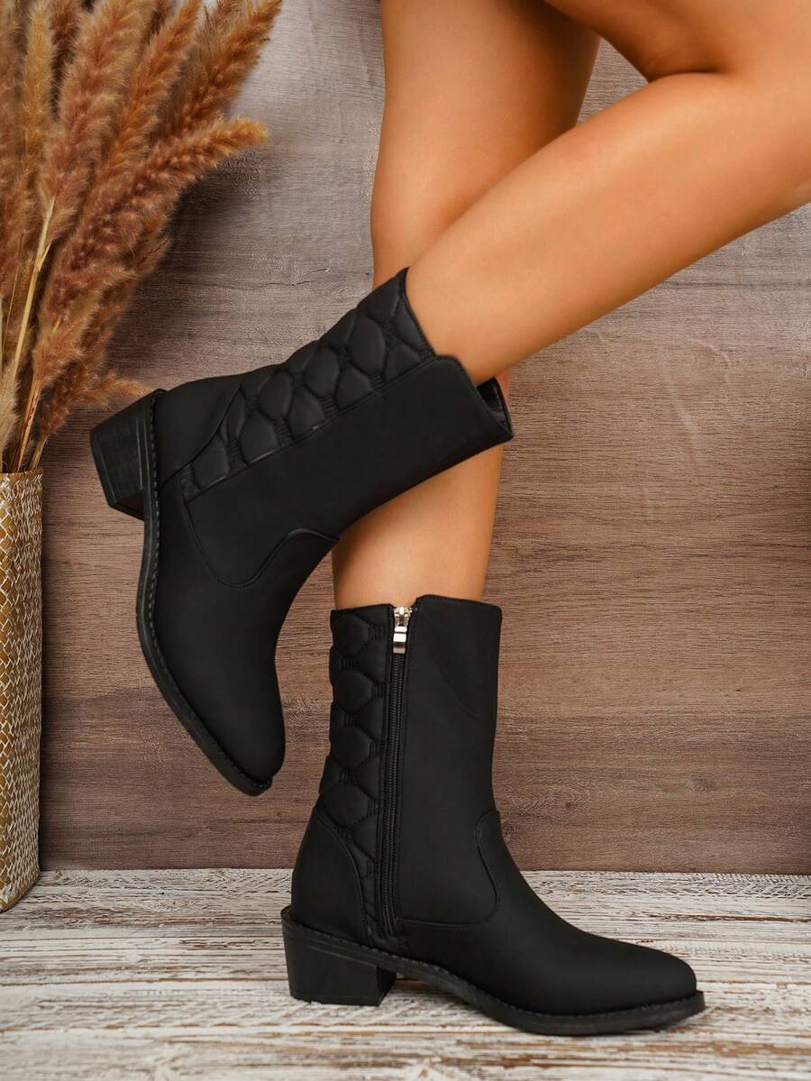 1 Pair Women's Winter Mid‑Calf Boots, Round Toe Block Heel Quilted Side Panel Side Zipper Daily Boots Black - Black - View 1