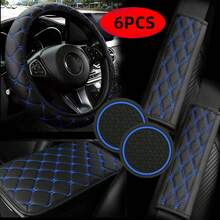 6PCS Car Interior Accessories Set, PU Leather Steering Wheel Cover, Seat Belt Shoulder Pads, Armrest Cushion Cover, Cup Holder Mat Combination Set, Universal Size, All Season Use - Multicolor - View 10