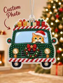 Custom Photo Pearl Bead Painting Hanging Ornament, Xmas Truck With Cute Santa Cat Pattern Pendant, DIY Craft Kit For Christmas Tree Decoration And Festive Souvenir - Multicolor - View 1