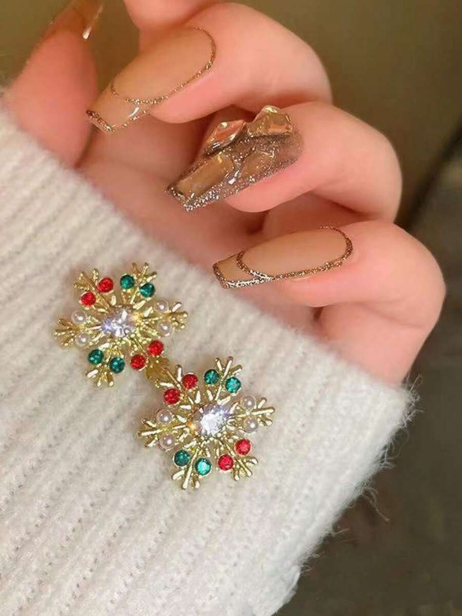 JOJELOO 1 Pair European & American Christmas Series Fashion Creative Rhinestone Colorful Christmas Snowflake Stud Earrings For Women - Earrings - View 1