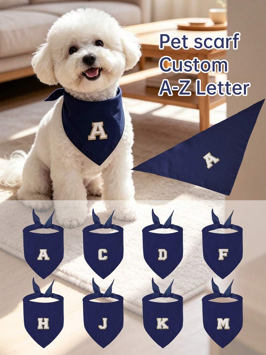 個性化雪尼爾字母狗狗圍巾，手工縫製 A-Z 自定義首字母寵物圍巾圍領，柔軟可調節 8 色，適用小型犬、中型犬、貓，生日禮物 - 藏蓝色 - 查看 1