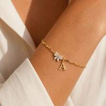 Initial Charm Butterfly Cubic Zirconia Gold Plated Letter Bracelets For Women Men - Yellow Gold - View 1