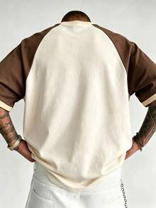 Men's Vintage Colorblock T-Shirt, Breathable Knit Fabric, Regular Crew Neck Design, Suitable For Daily Wear - Brown - View 4