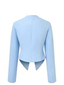 Women Collarless Deep V‑Neck Blazer Jacket, Single Breasted Fitted Sharp Pointed Hem Suit Coat - Blue - View 6