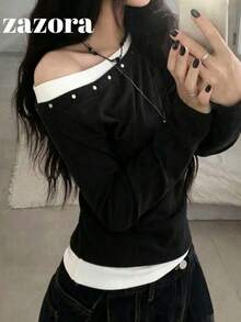 Design Contrast Color 2 In 1 Asymmetrical Shoulder Long Sleeve T-Shirt, Sweet Cool Hot Girl Style Versatile Slim Fit Top - Black - View 8