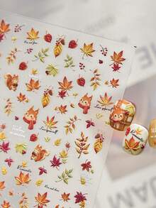1 Sheet Of 5D Embossed Autumn Maple Leaf Nail Sticker, Cute Squirrel, Autumn Leaves, Cursive‑Script English, Autumn Bare‑Nail Decorative Nail Accessory - Multicolor - View 2