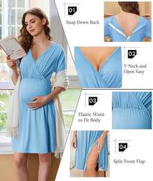 Women's Maternity Clothing, Stretchy V-Neck Labor And Delivery Gown For Pregnancy With Nursing Access And Split Front, Postpartum, Women's Clothes, - Lake Blue - View 3