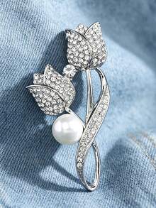 1pc Rhinestone Tulip Flower Brooch, Anti-Glare Suit Lapel Pin Jewelry, Random Number Of Rhinestones - Silver - View 6