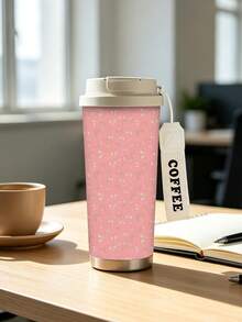 1pc/5pcs 500ml Pink Strawberry Floral Travel Mug, Double-Wall Stainless Steel Insulated Cup, Sweet Seamless Small Strawberry Print Design, Portable Coffee Cup With COFFEE Printed Lanyard, Suitable For Daily Commute - Pink-strawberry - View 10
