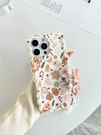 Snowflake Painted Twisted Wave Edge Beige With Attached Bracelet Printed Painted Anti-Drop Fashion Cute Suitable For Ip 17/Ip 17pro/Ip 17promax/Iphone16/Iphone16pro/Iphone16promax/IPhone16plus/ 10cases Anti-Drop New IPhone14IPhnoe15 Anti-Drop P14 Thickened P13 Soft Shell P12 Full Coverage P11 Anti-Drop Creative Phone Case