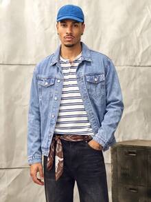 Norleigh Jaket Denim Lengan Panjang Pria Ukuran Besar, Warna Polos Sederhana, Kasual Urban, Cocok untuk Pemakaian Sehari-hari, Jalan-jalan, Pesta, Liburan, dan Musim Gugur. - Medium Wash - View 1