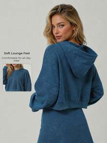 Women's Washed Blue Cropped Hooded Sweatshirt Drop Shoulder Loose Fit Drawstring Long Sleeve Daily Workout Casual Loungewear Athletic Top - Blue - View 2
