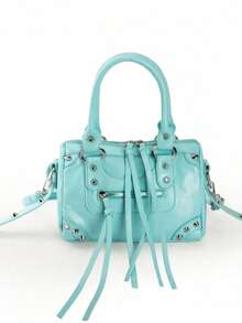 Women's Mini Biker Style Top Handle Bag, Punk Rivet & Tassel Decor Faux Leather Crossbody Purse, Y2K Streetwear Handbag - Baby Blue - View 10