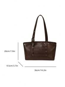 New Vintage-Style Rivet-Embellished PU Women's Tote Bag: Fall/Winter Large-Capacity Shoulder Bag-Versatile Brown Handbag For Shopping And Commuting - Coffee - View 12