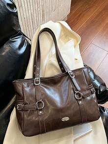 American Retro Shoulder Tote Bag With Metal Buckle Decoration On The Side, And Personalized, Suitable For Commuting And Daily Travel - Coffee - View 10