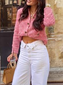 Women's Pink Knitted Long Sleeve Cropped Top With Gold Buttons, Fashionable Round Neck Sweater, Suitable For Spring And Autumn - Pink - View 2