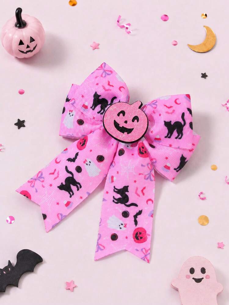 1pc Halloween Pink Cat Ghost Pumpkin Print Bow Hair Clip, Cute Hair Accessory For Girls, Party And Daily Wear - Multicolor - View 3