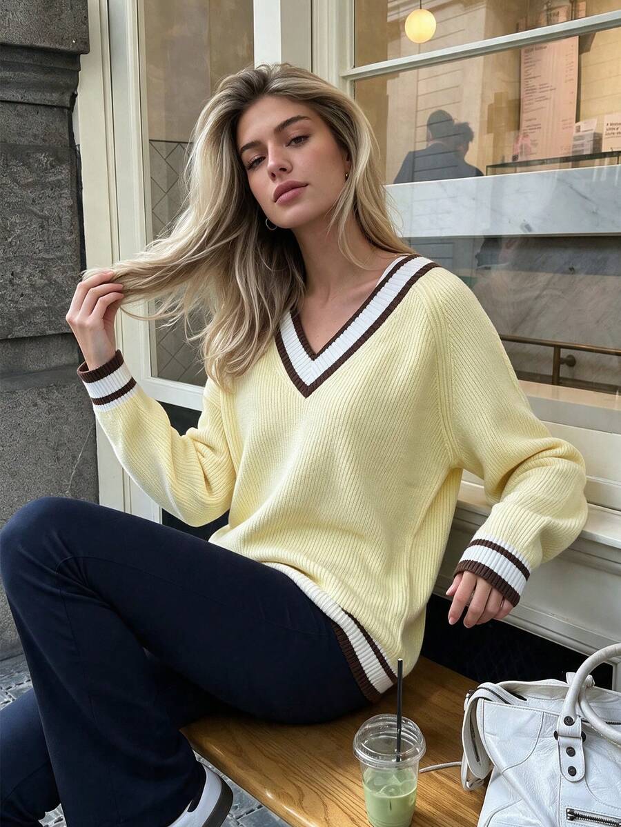 Fall/Winter Contrast Color V-Neck Dropped Shoulder Mustard Yellow Loose Knit Sweater Layering School Minimalist Slimming Casual Blouse Artistic Top - Apricot - View 1