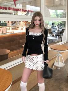 Women's Polka Dot Patchwork Long Sleeve T-Shirt, Slim Fit Top For Early Autumn - Black - View 6