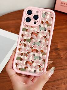 1pc Minimalist Colorful Plaid Christmas Style Dachshund Pattern Hollow Matte Full Coverage Hard Shell Phone Case, Compatible With Iphone 11/12/13/14/15/16 Pro Max/17/17 Pro/17 Pro Max/Air - Pink - View 2