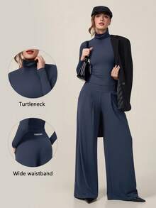 TimeOff Setelan Satu Set Wanita Musim Gugur/Dingin, Warna Polos, Minimalis, Premium, Atasan Leher Tinggi Bertumpuk dengan Kantong Samping dan Celana Panjang Lebar - Navy Blue - View 1