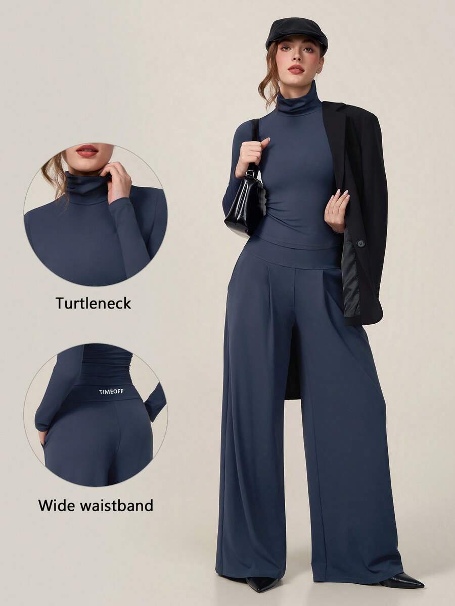 TimeOff Setelan Satu Set Wanita Musim Gugur/Dingin, Warna Polos, Minimalis, Premium, Atasan Leher Tinggi Bertumpuk dengan Kantong Samping dan Celana Panjang Lebar - Navy Blue - View 1