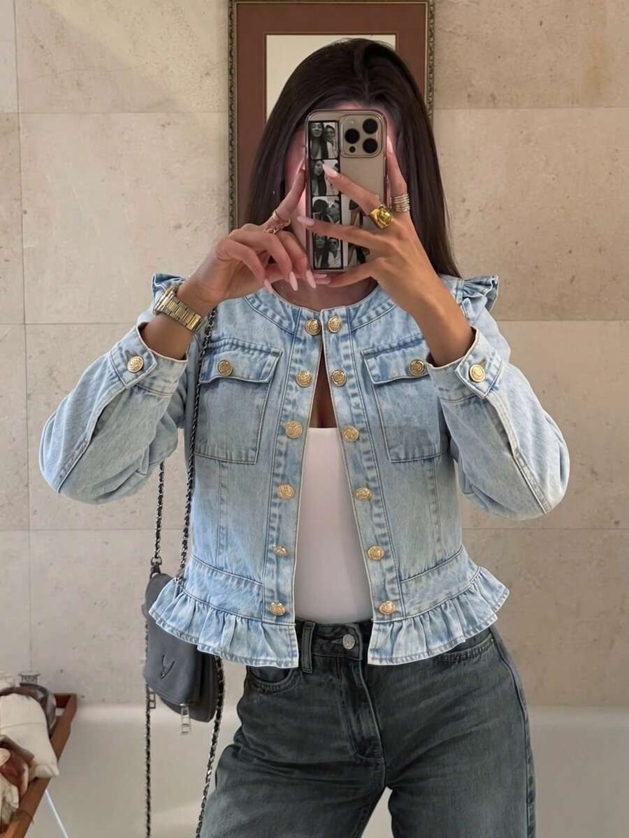 Spring Autumn Casual Versatile Fashion Denim Jacket With Ruched Hem, Long Sleeve, Suitable For College, Vacation, Daily, Birthday Party, Date, Travel, Airport Outfit For Women - Blue - View 1