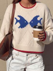 Sweater Rajut Wanita Model Pullover, Motif Berlian, Lengan Panjang Mengembang, Atasan Pendek dengan Trim Kontras, Cocok untuk Dipakai di Musim Gugur/Musim Dingin - Aprikot - View 2