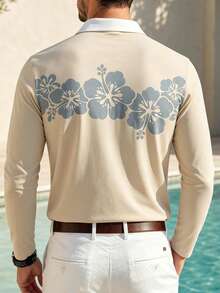 Men's Vacation Style Light Apricot Floral Print Long Sleeve Polo Shirt - Multicolor - View 3