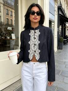 DEEKA Autumn New Women's European And American Style Fashion Minimalist Elegant Versatile Lace Patchwork Short Jacket - Dark Grey - View 2
