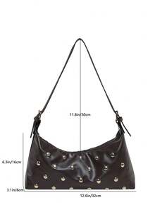 Fashion Studded PU Shoulder Bag, Adjustable Strap Zipper Closure, Multi-Functional Shoulder Bag/Handbag, Suitable For College, Commuting, Shopping, Walking And Daily Use - Coffee Brown - View 4